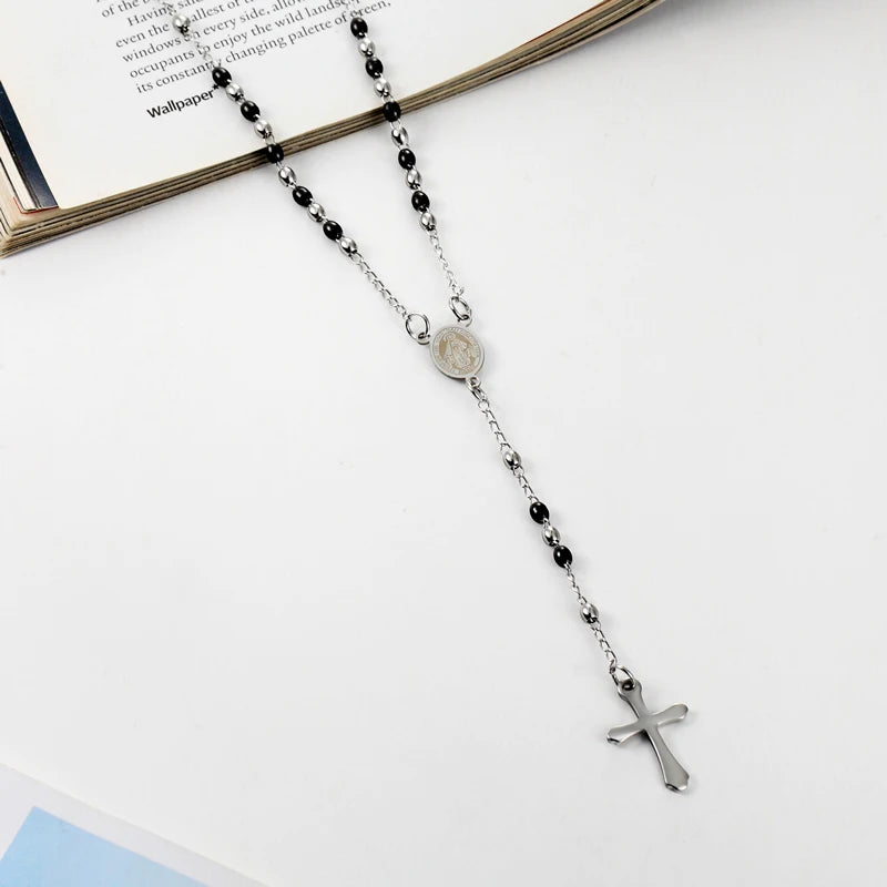 3Mm Oval Bead Rosary Cross Pendant Necklace Stainless Steel Jesus Center Christian Catholic Religion Jewelry