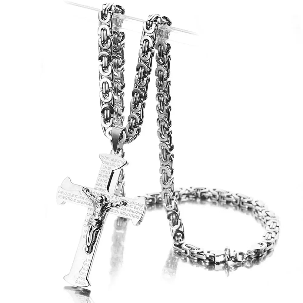 Jesus Crucifixion Cross Pendant Necklace for Men Women Gold Silver Black Color Stainless Steel Byzanine Chain