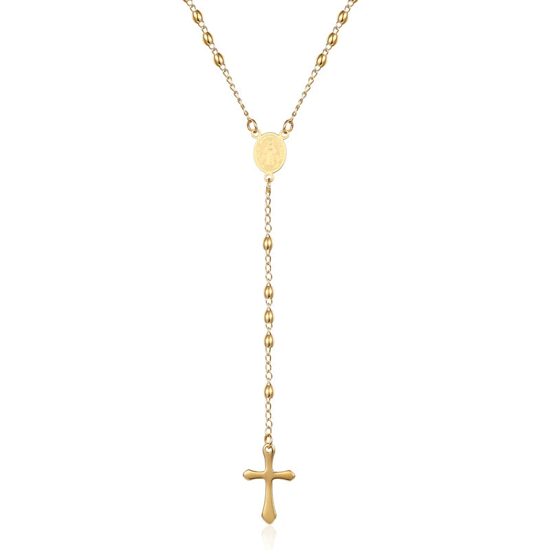 3Mm Oval Bead Rosary Cross Pendant Necklace Stainless Steel Jesus Center Christian Catholic Religion Jewelry