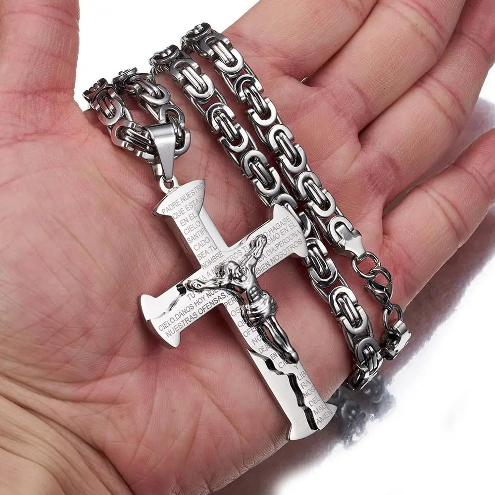 Jesus Crucifixion Cross Pendant Necklace for Men Women Gold Silver Black Color Stainless Steel Byzanine Chain