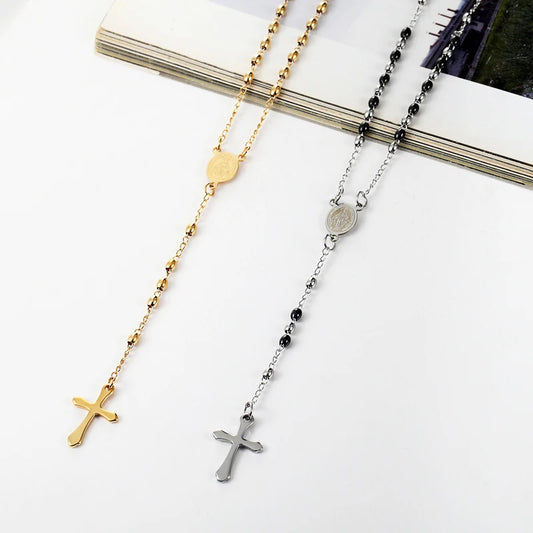 3Mm Oval Bead Rosary Cross Pendant Necklace Stainless Steel Jesus Center Christian Catholic Religion Jewelry