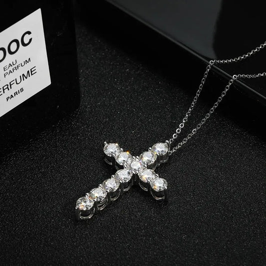 Full Moissanite Cross Pendant Necklace Original 925 Sterling Sliver Chain Plated 18K White Gold Fine Necklace for Women Jewelry